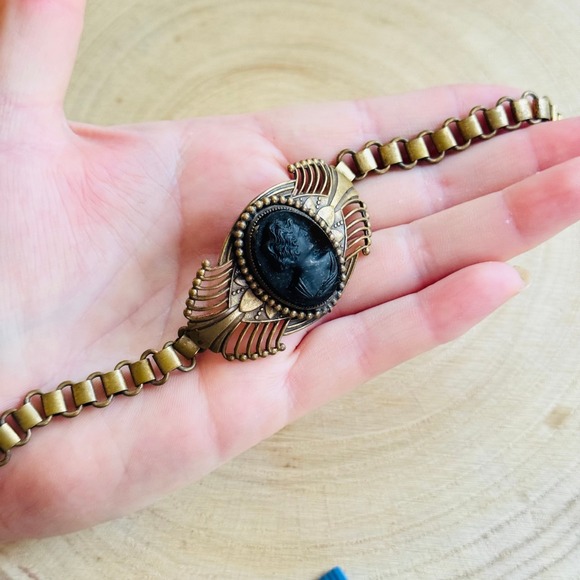 VTG estate Art Deco Victorian Revival Cameo bookchain Bracelet 1930's Glass 6.5" - Picture 1 of 8